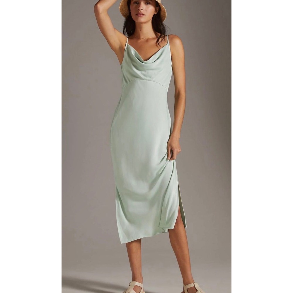 Anthropologie Cowl Neck Slip Dress XL Sage Green Satin Midi Side Slit Bridesmaid